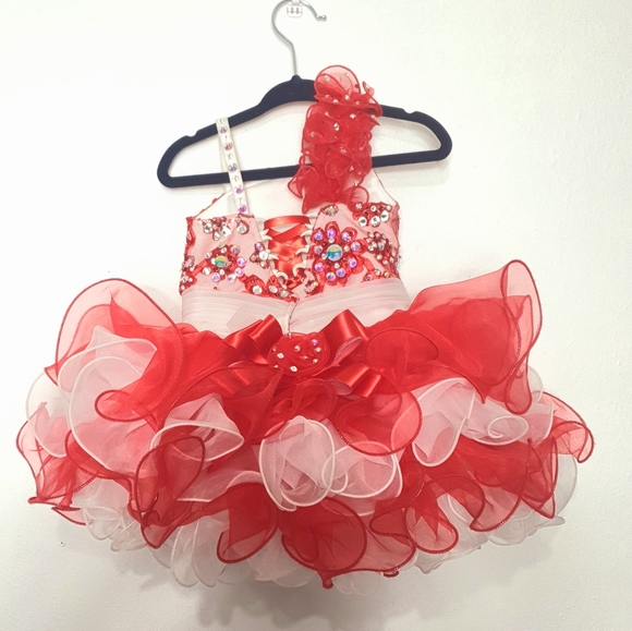 Red White Cupcake Glitz Pageant Dress with Bow and Bloomers - Picture 10 of 11